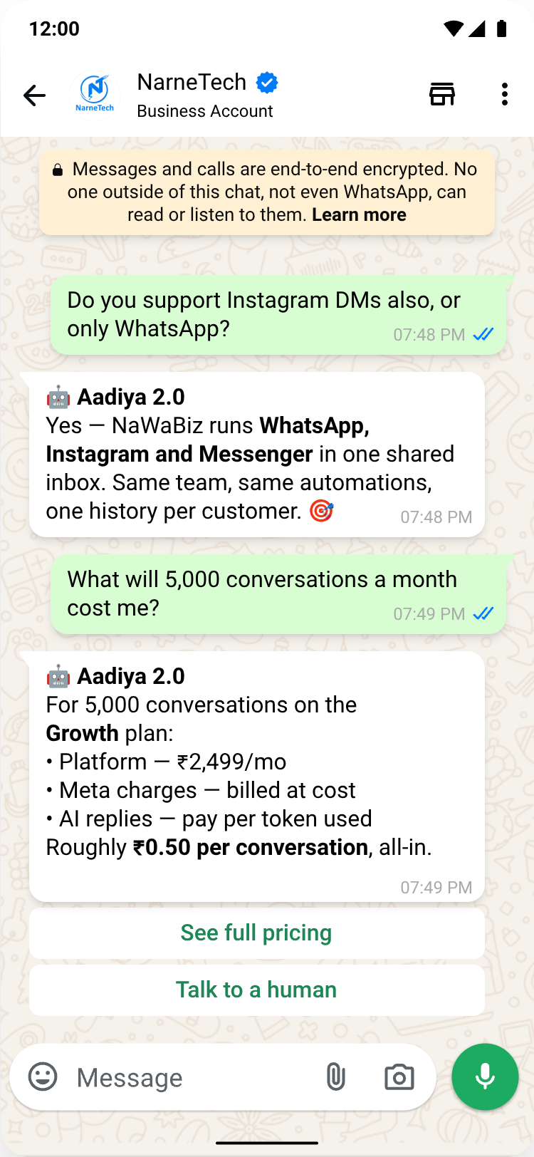 WhatsApp AI chatbot conversation — Aadiya 2.0 answers two customer questions, then offers full pricing or a human agent