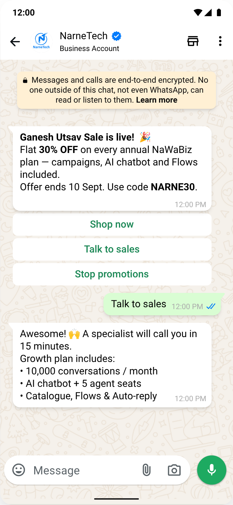 WhatsApp broadcast campaign — promotional offer with Shop now, Talk to sales and Stop promotions buttons, followed by plan details