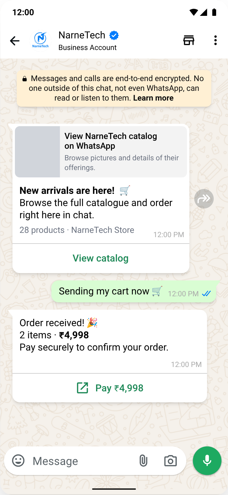 WhatsApp catalogue order on NaWaBiz — a customer browses the NarneTech catalog, sends their cart and pays ₹4,998 without leaving the chat
