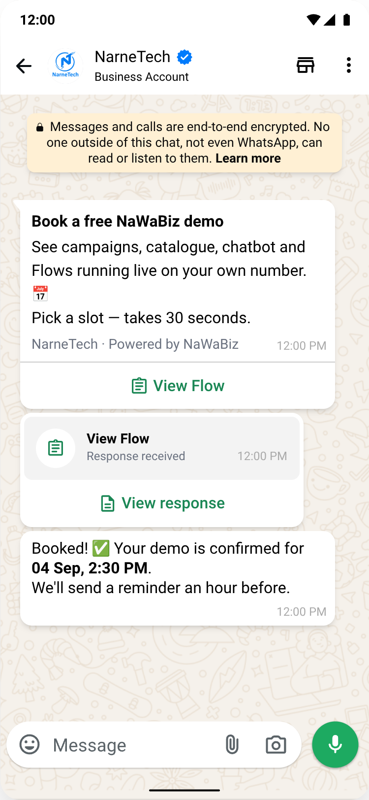 WhatsApp Flows conversation — a View Flow form card collects a booking and the chat confirms it instantly