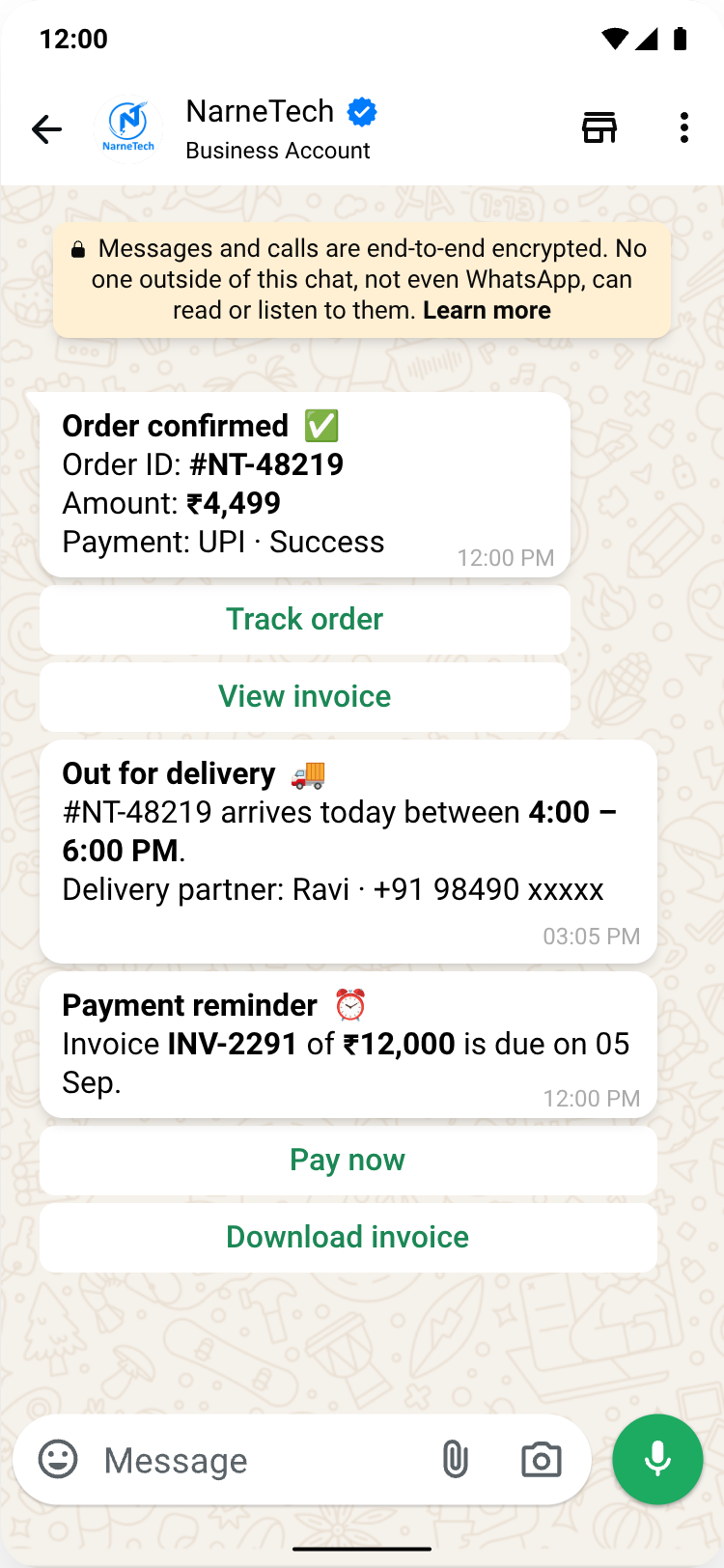 WhatsApp order alerts — order confirmation with Track order and View invoice buttons, out-for-delivery update and a Pay now reminder