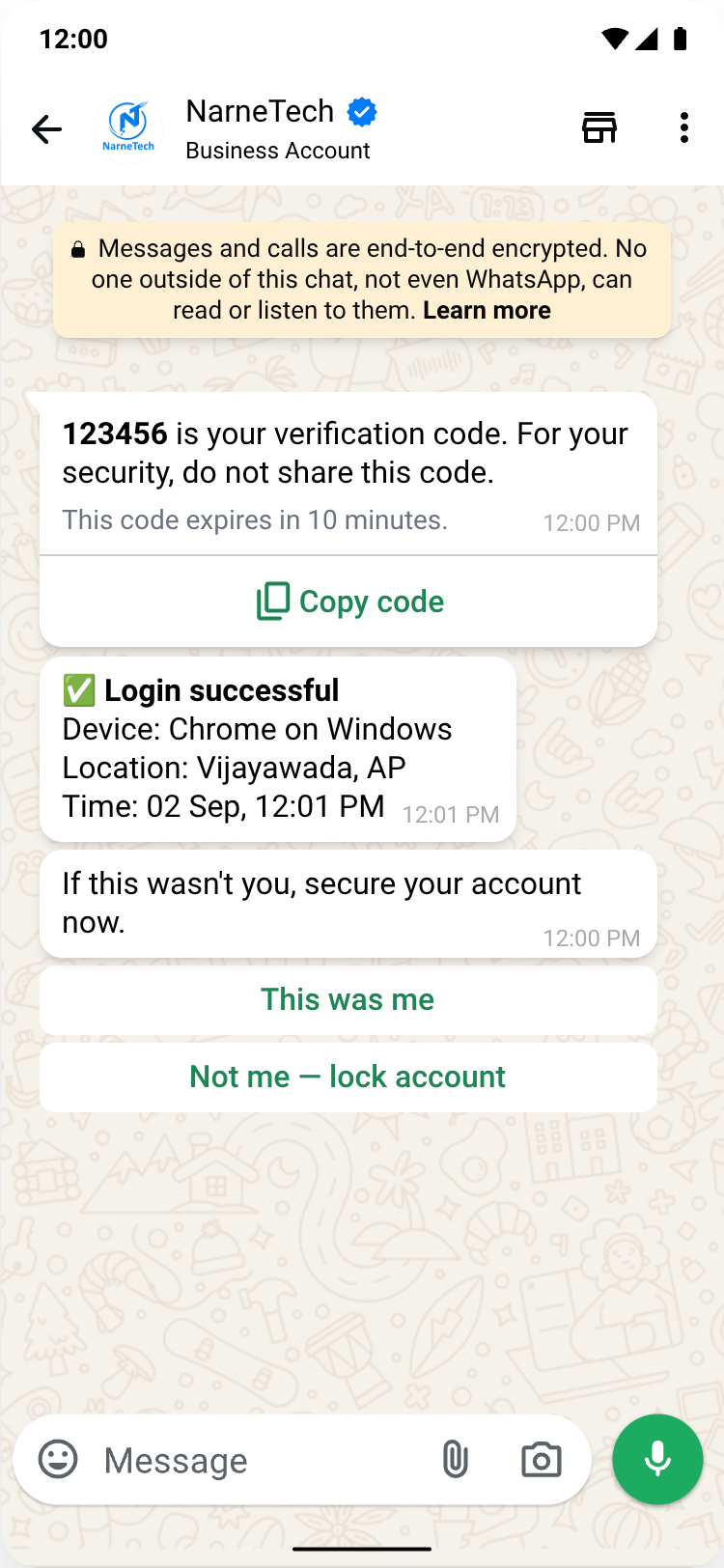 WhatsApp authentication conversation — one-time passcode with a Copy code button, a login alert and two reply buttons